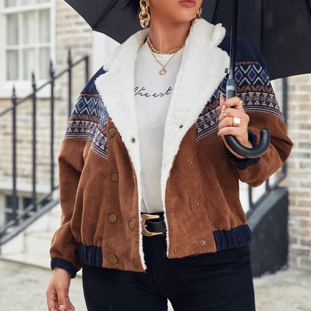 Cozy corduroy Teddy tribal print button jacket - Picture 3 of 5
